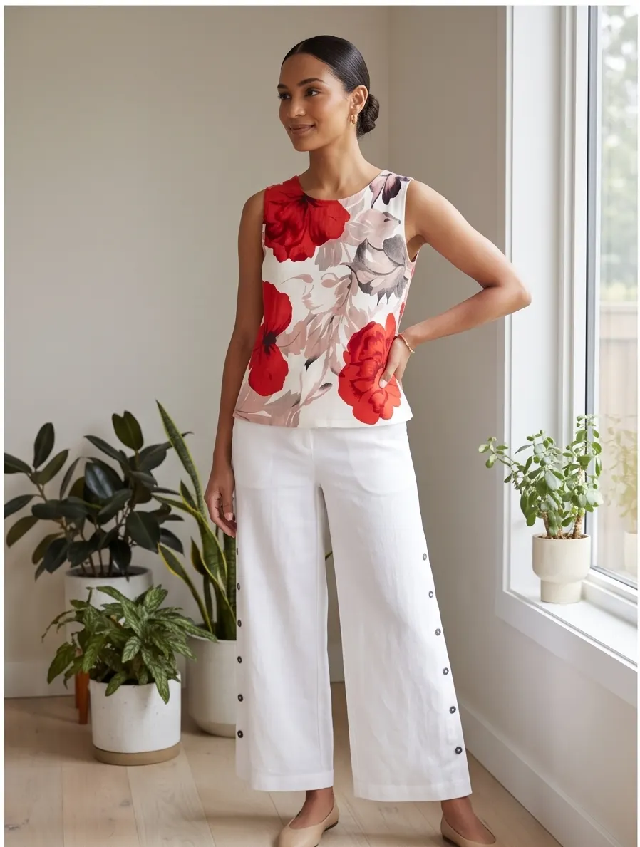 Red Floral Printed Sleeveless Linen Top and Side-Button Wide Leg Pant Co-ord Set