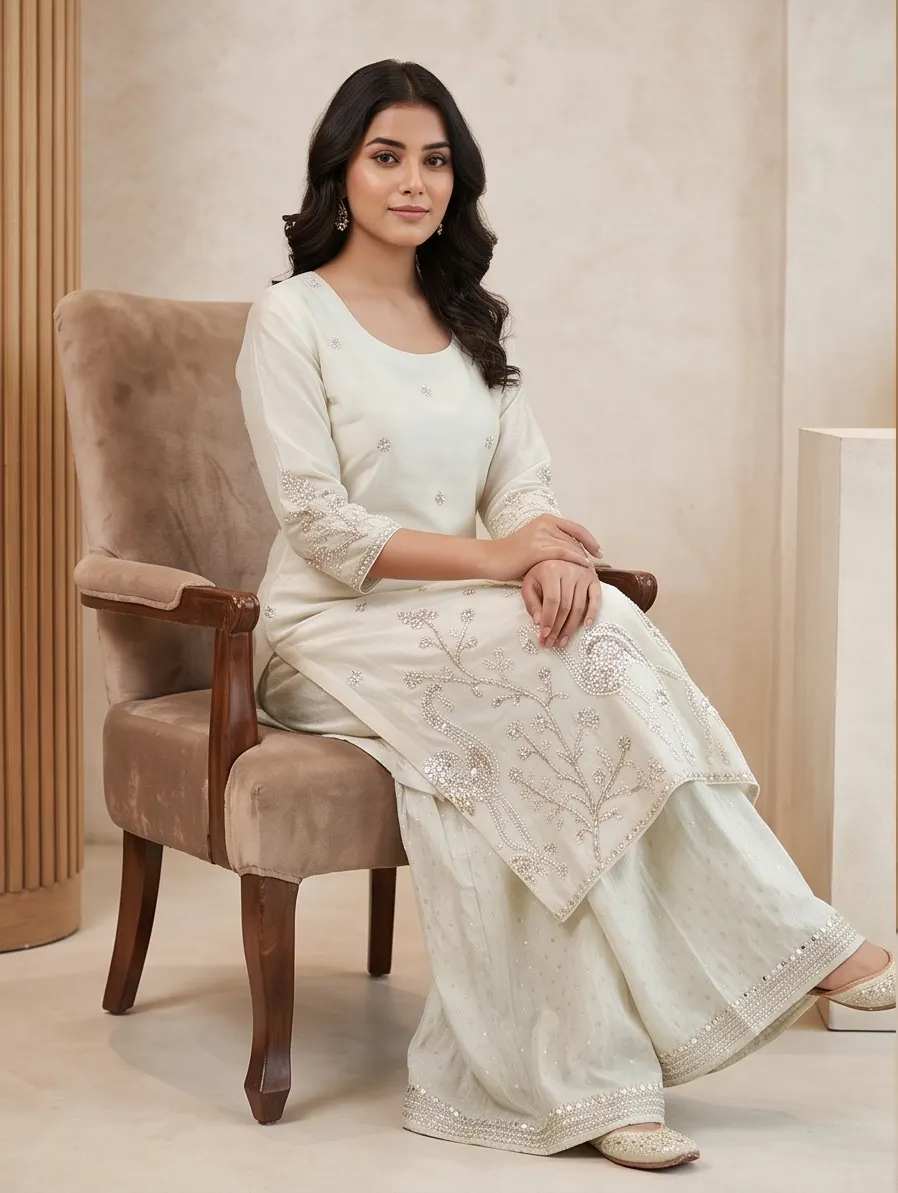 Off-White Bird and Floral Embroidered Silk Straight Kurta and Flared Sharara Set