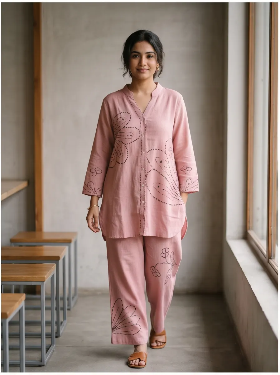 Dusty Pink Floral Kantha Embroidered Cotton Notch Collar Tunic and Pant Co-ord Set