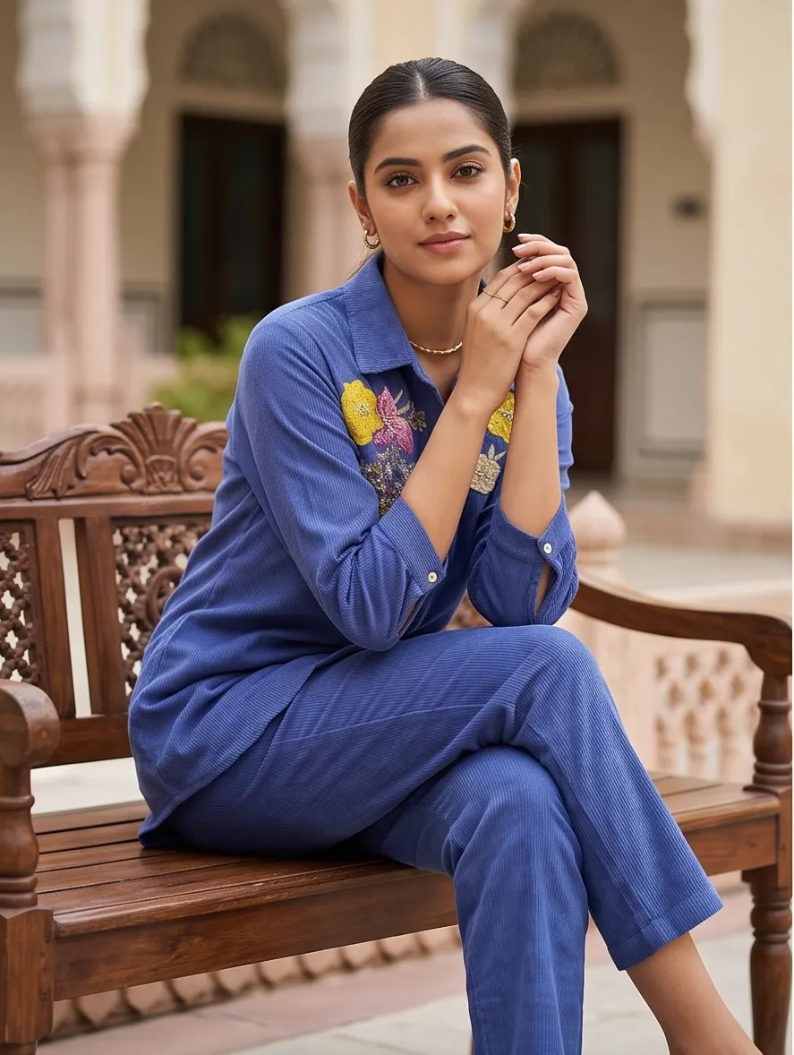 Royal Blue Floral Embroidered Cotton Shirt Collar Tunic and Pant Co-ord Set