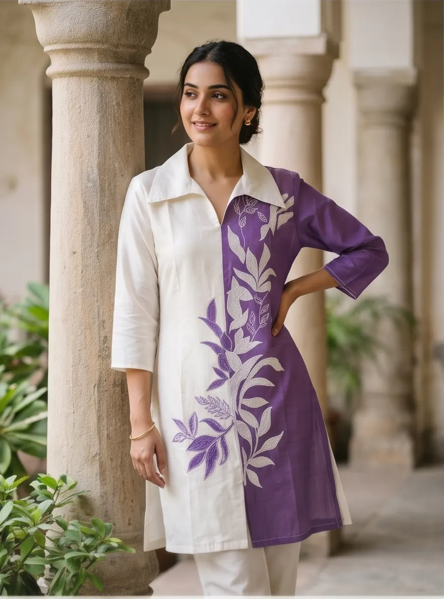 Off-White and Purple Floral Embroidered Colorblock Cotton Tunic and Pant Co-ord Set