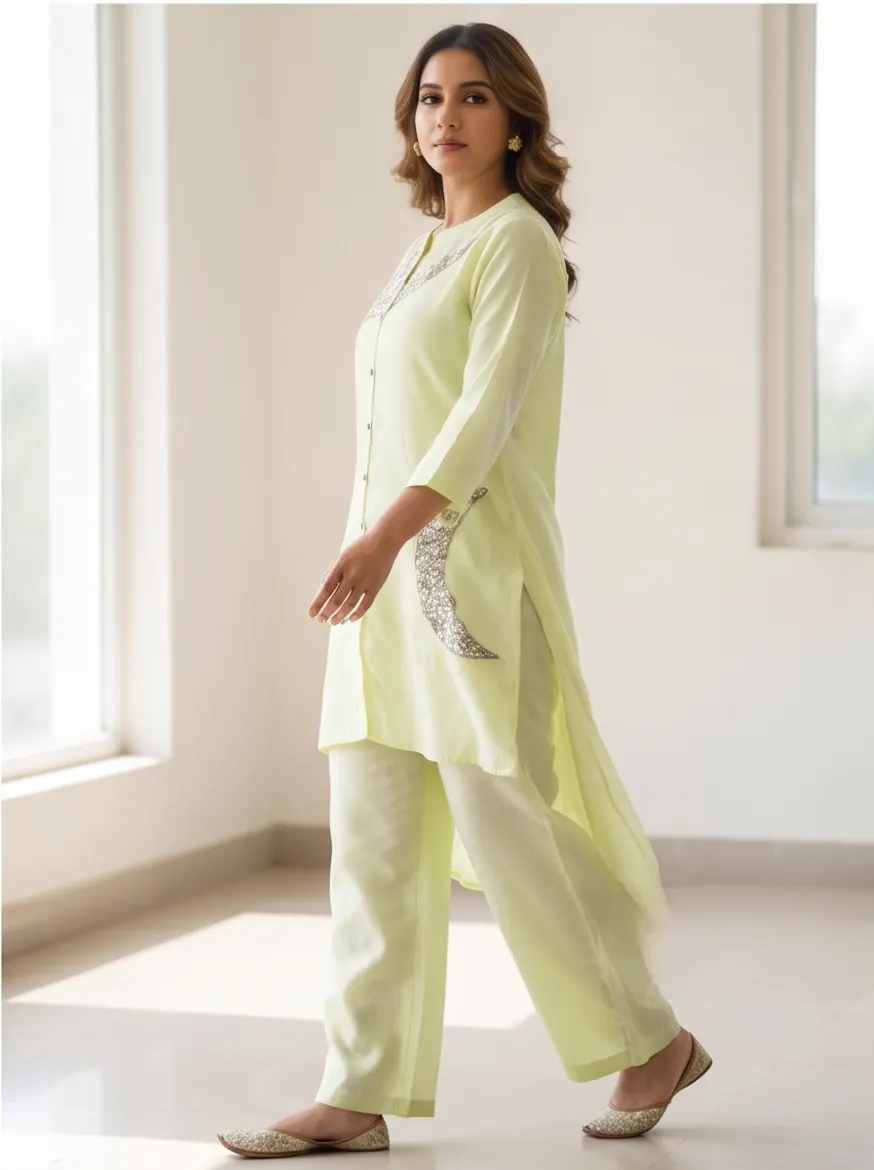Pistachio Green Zari and Seaks Embroidered Cotton Shirt Collar Tunic and Pant Co-ord Set