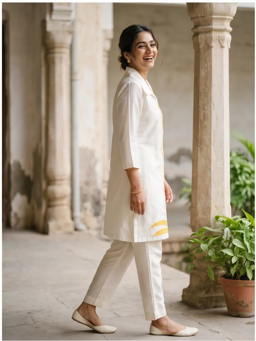 Off-White and Mustard Yellow Floral Embroidered Colorblock Cotton Tunic and Pant Co-ord Set