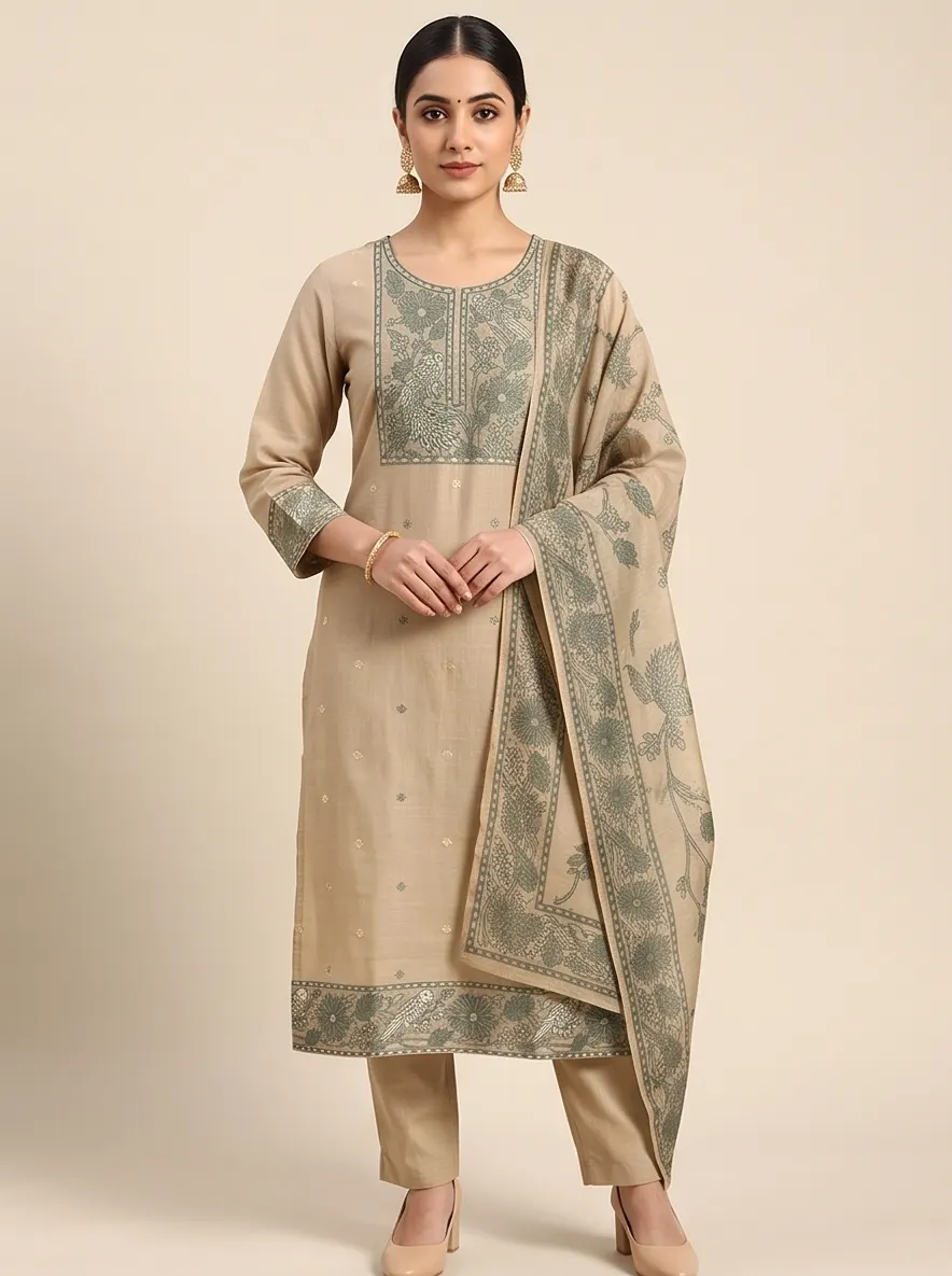 Beige Peacock and Floral Embroidered Chanderi Silk Straight Kurta Pant Set with Dupatta