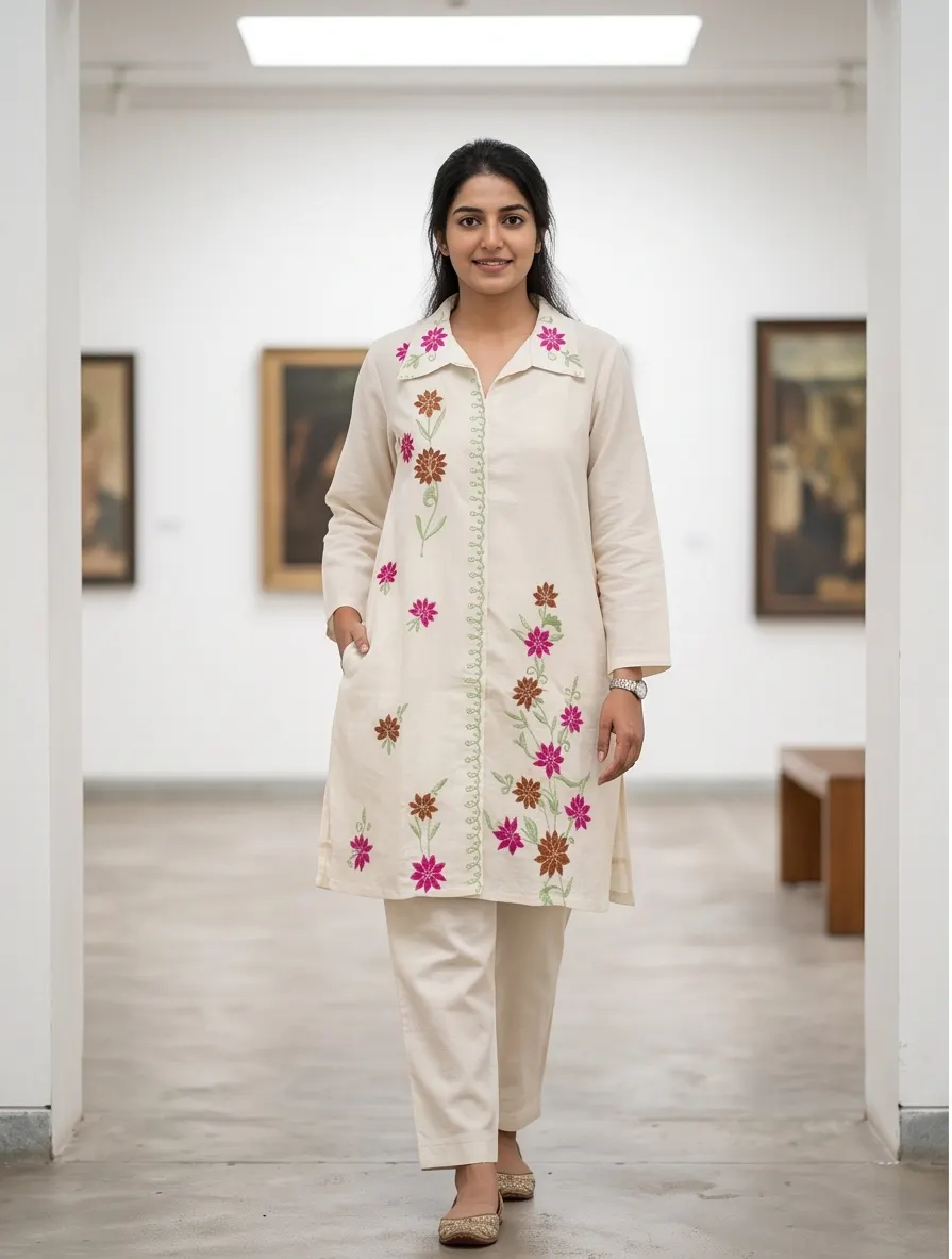 Off-White Multicolour Floral Embroidered Cotton Notch Collar Tunic and Pant Co-ord Set