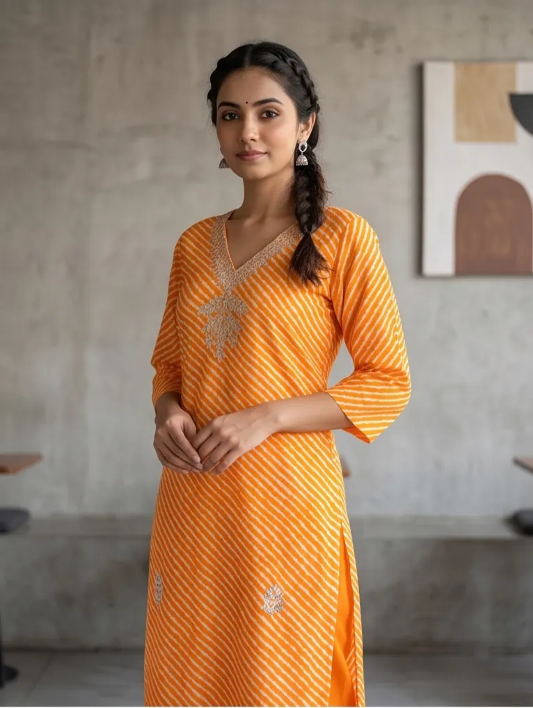 Orange Leheriya Print Embroidered V-Neck Straight Kurta and Churidar Set