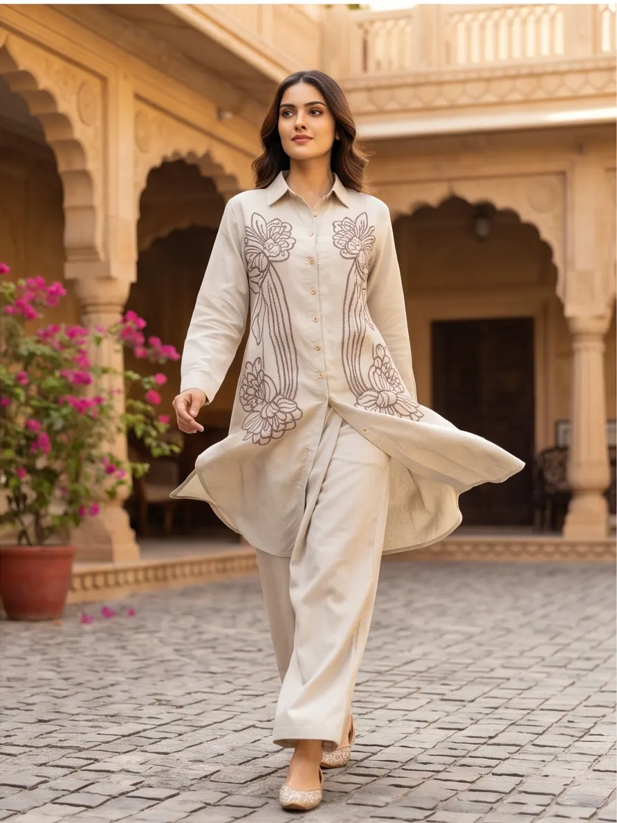 Beige Floral Thread Embroidered Cotton Shirt Collar Tunic and Pant Co-ord Set