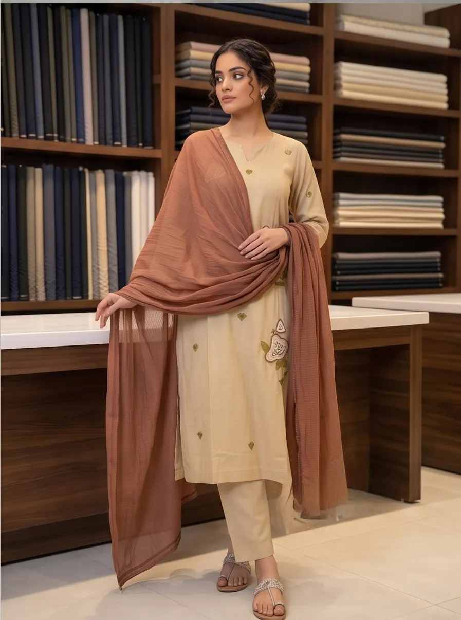Light Brown Floral Embroidered Cotton Straight Kurta Pant Set with Brown Dupatta