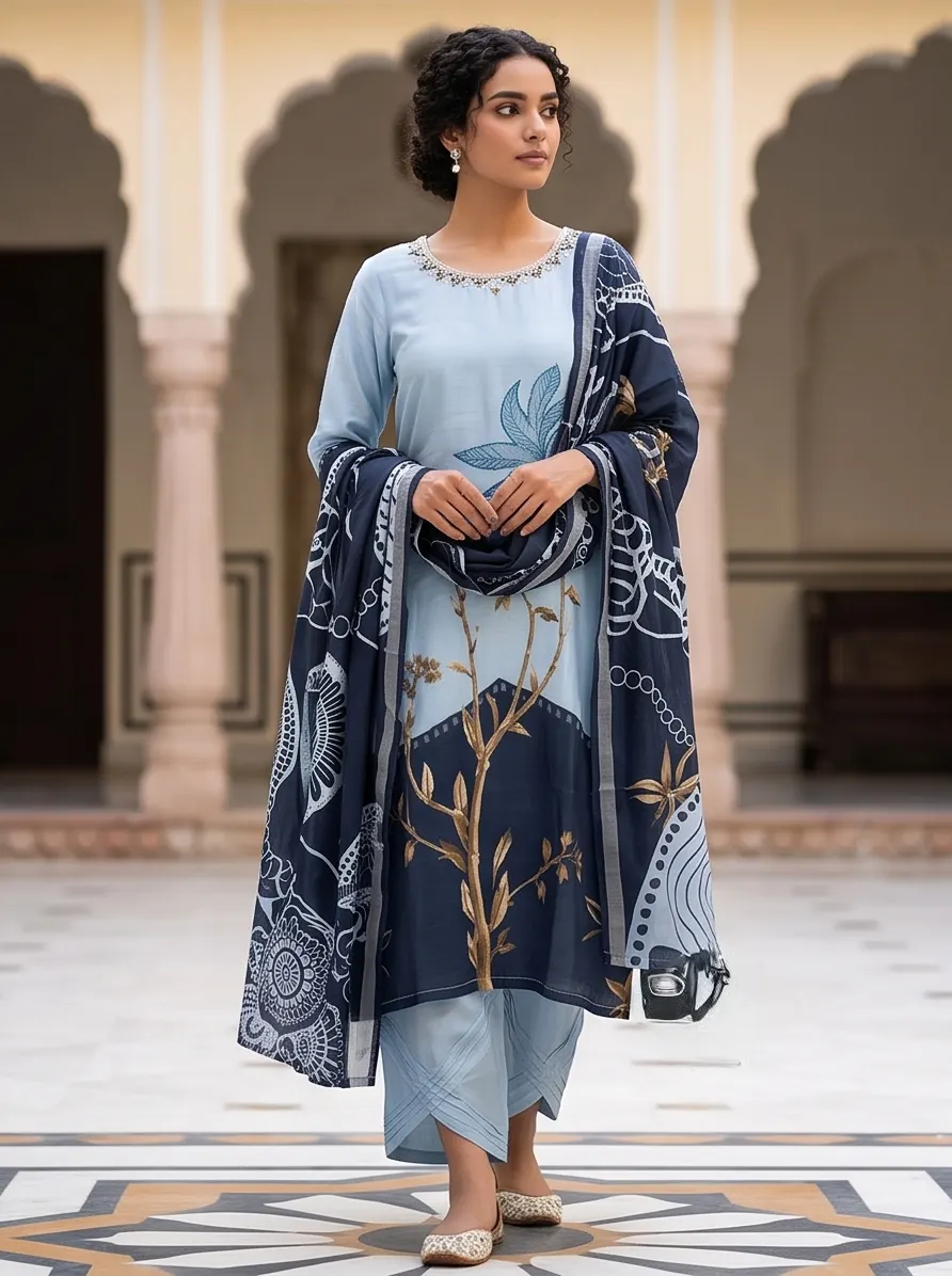Powder Blue Botanical Print Hand Embroidered Silk Kurta Pant Set with Dupatta