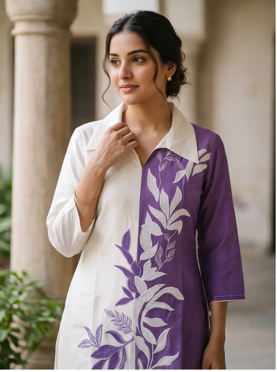 Off-White and Purple Floral Embroidered Colorblock Cotton Tunic and Pant Co-ord Set