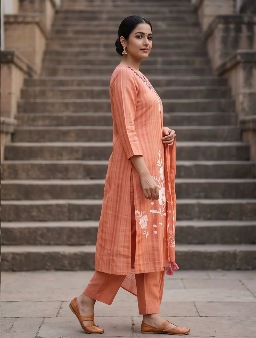 Peach Orange Floral Print Straight Kurta Pant Set with Tasselled Dupatta
