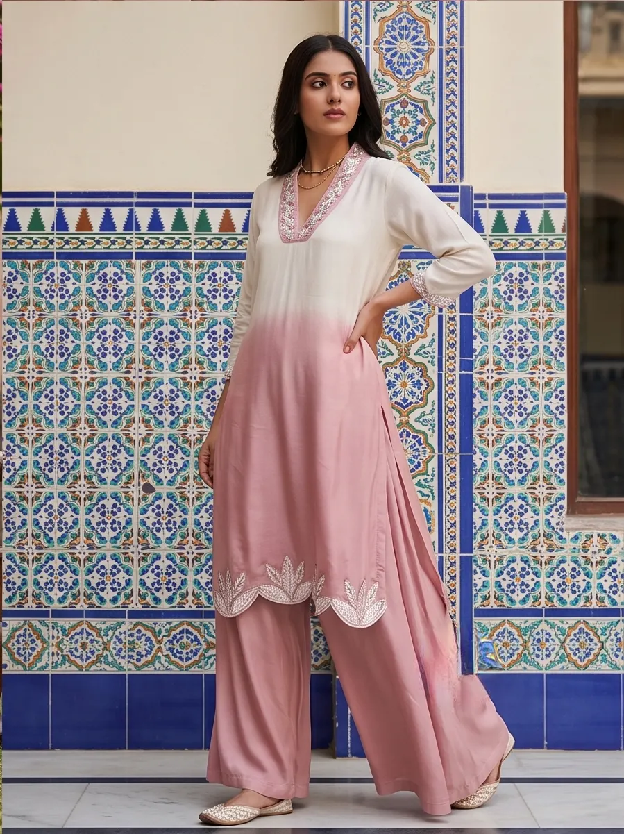 Dusty Pink and White Ombre Embroidered Silk Straight Kurta Palazzo Set