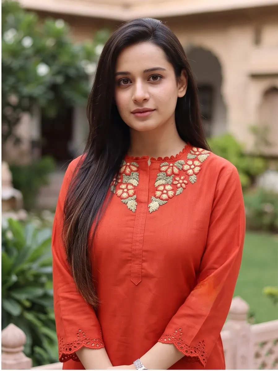 Rust Orange Floral Embroidered Straight Kurta and Pant Set with Cutwork Hem