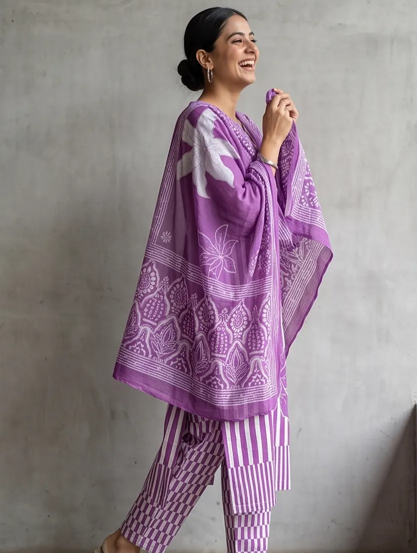 Purple Striped Floral Batik Print Cotton Straight Kurta Pant Set with Dupatta