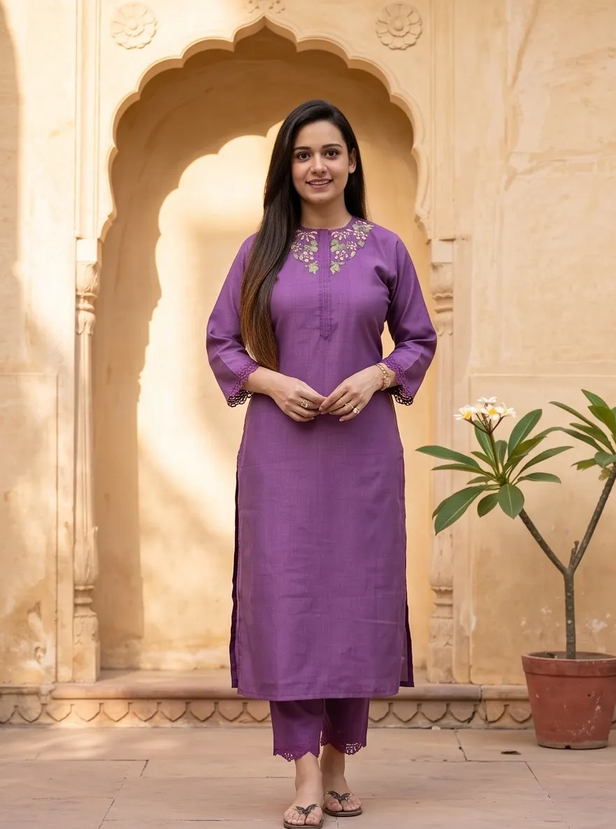 Purple Floral Embroidered Cotton Straight Kurta and Pant Set with Cutwork Hem