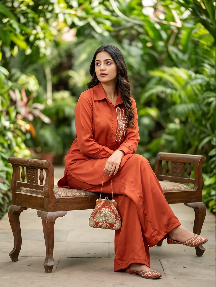 Rust Orange Floral Embroidered Silk Shirt Collar Tunic and Wide Leg Palazzo Co-ord Set
