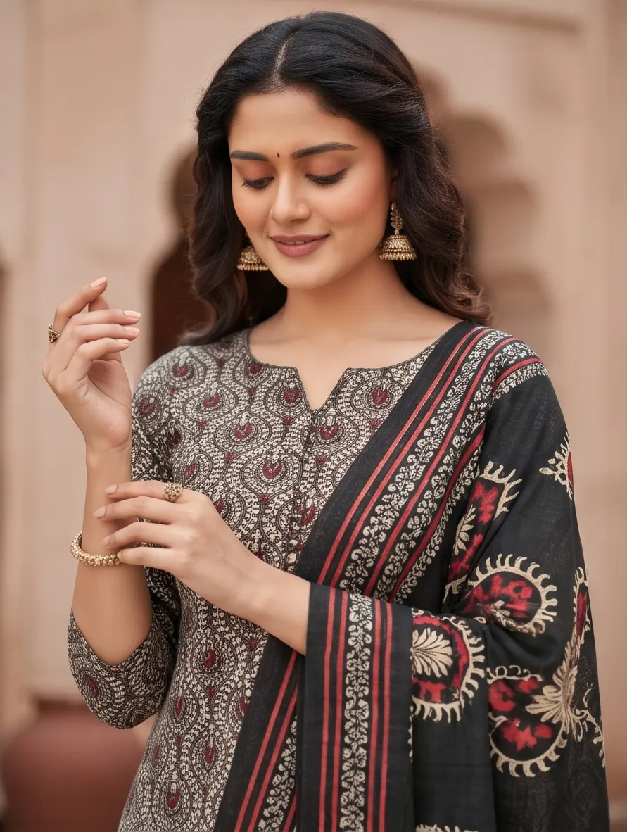 Grey and Black Block Print Cotton Straight Kurta Pant Set with Printed Dupatta