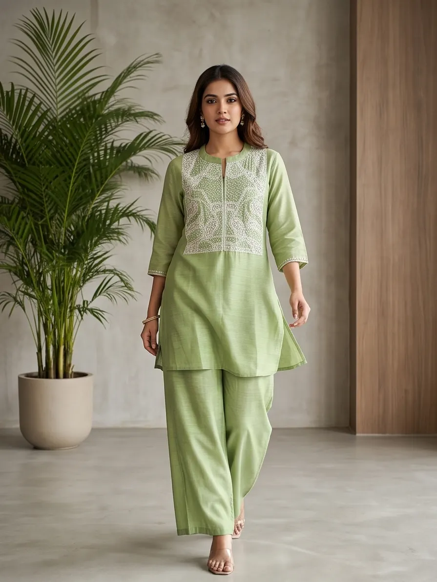 Pistachio Green Floral Thread Embroidered Silk Blend Tunic and Pant Co-ord Set