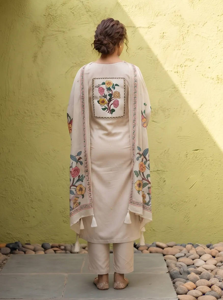 Beige Multicolour Floral Back Appliqué Zari Embroidered Chanderi Silk Straight Kurta Pant Set with Dupatta