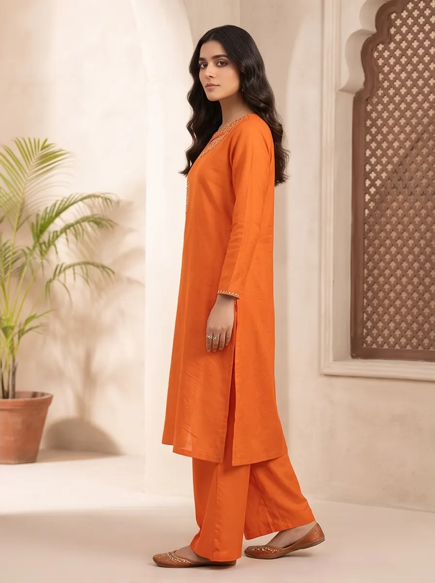 Rust Orange Cut-Out Neck Zari Embroidered Silk Straight Kurta and Palazzo Set