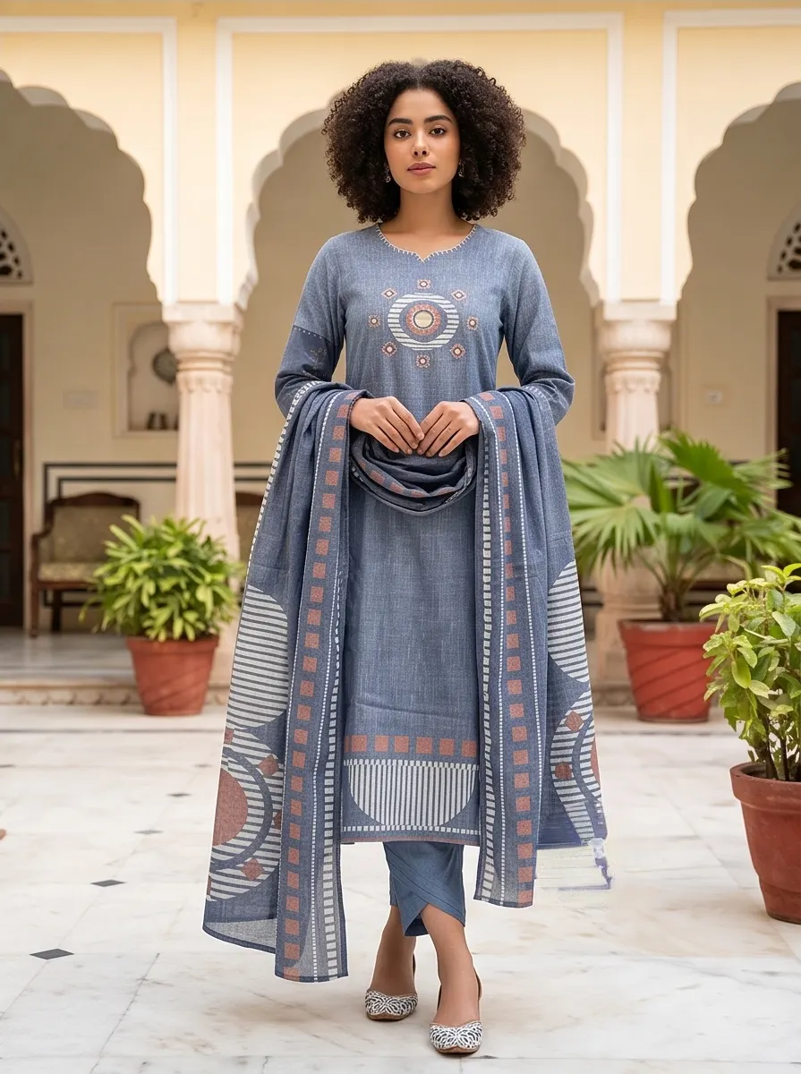 Slate Blue Embroidered Pure Cotton Straight Kurta Pant Set with Printed Dupatta
