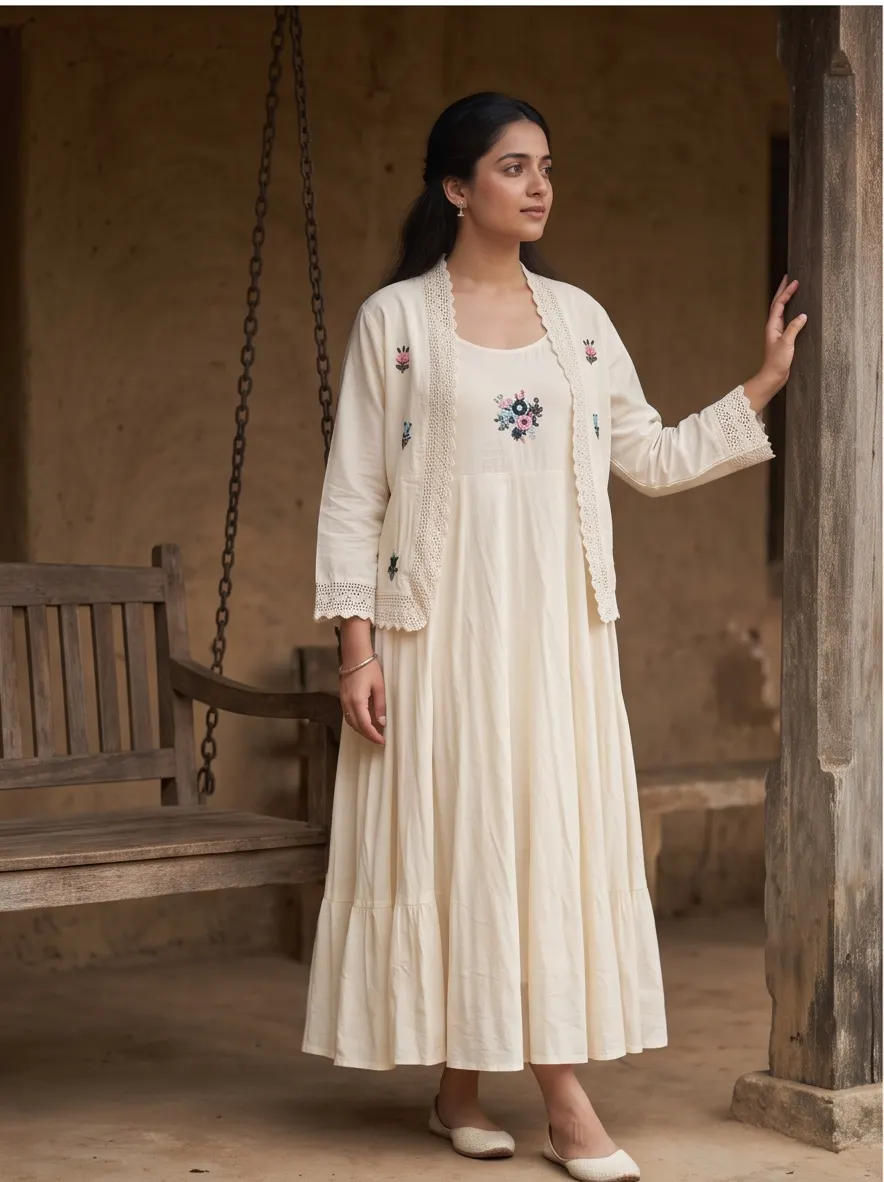 Off-White Floral Embroidered Cotton Flared Anarkali Kurta Dress and Crochet Trim Short Jacket Set