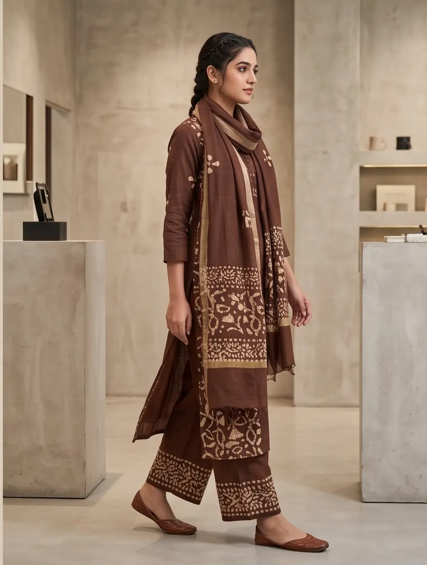 Dark Brown Batik Print Pure Cotton Straight Kurta Pant Set with Dupatta