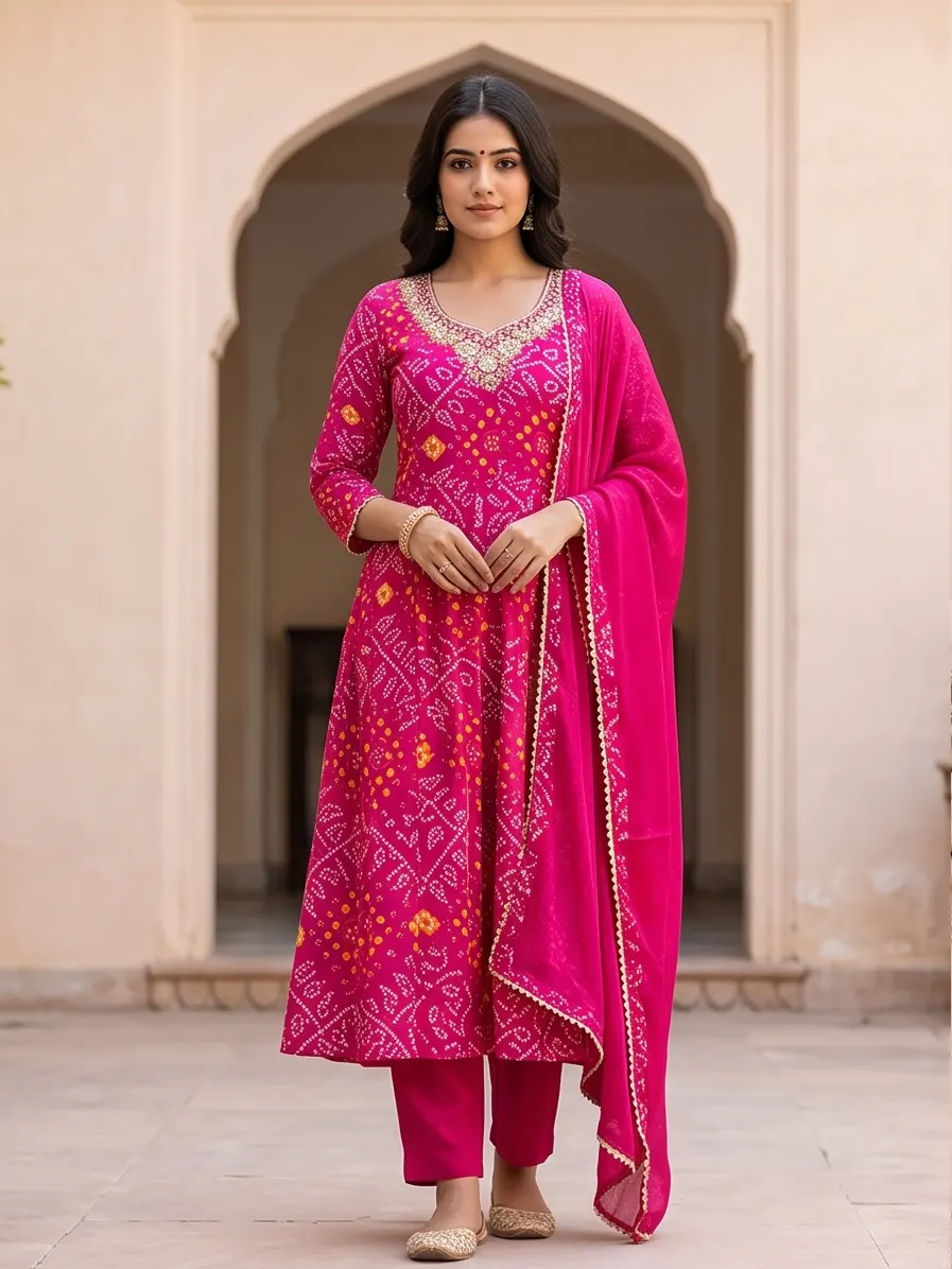 Rani Pink Bandhani Print Zari Embroidered Anarkali Kurta Pant Set with Dupatta