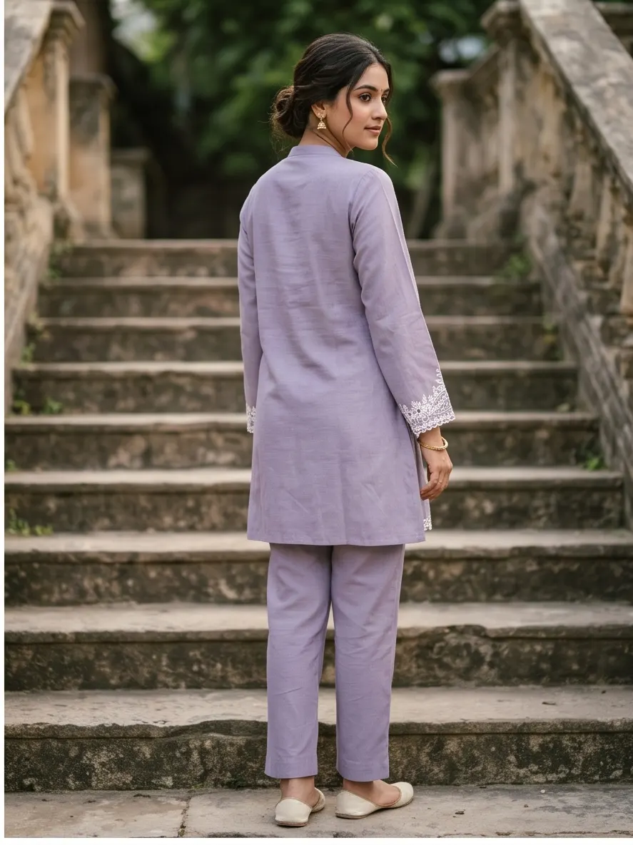Lavender Paisley Thread Embroidered Cotton Short Kurta and Pant Co-ord Set