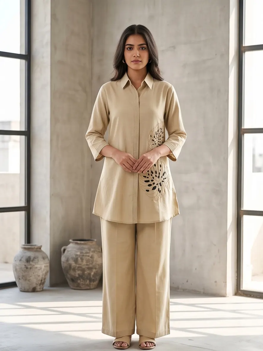 Light Brown Cutwork Embroidered Cotton Shirt Collar Tunic and Wide Leg Pant Co-ord Set