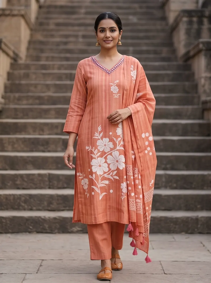 Peach Orange Floral Print Straight Kurta Pant Set with Tasselled Dupatta