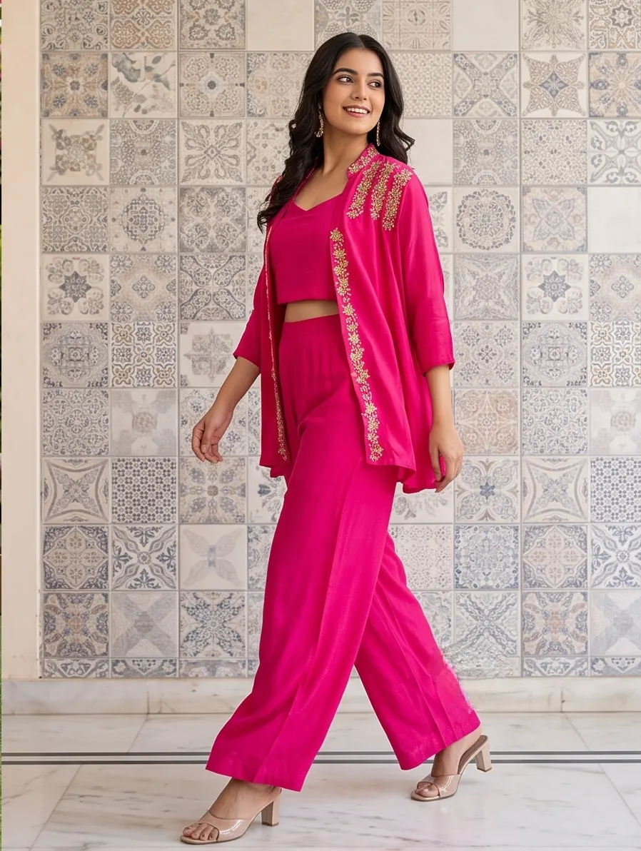 Rani Pink Embroidered Jacket Style Tunic and Flared Palazzo Co-ord Set