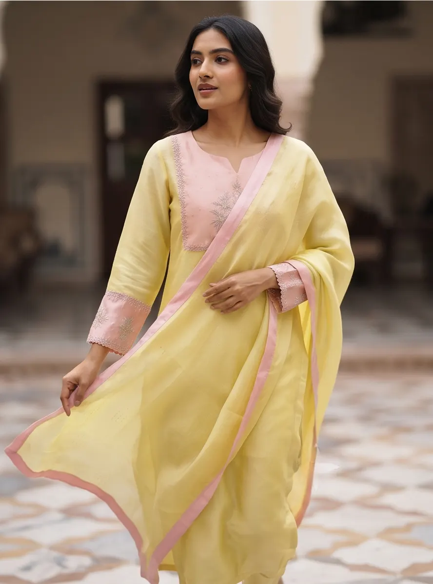 Yellow and Pastel Pink Yoke Zari Embroidered Chanderi Silk Straight Kurta Pant Set with Dupatta