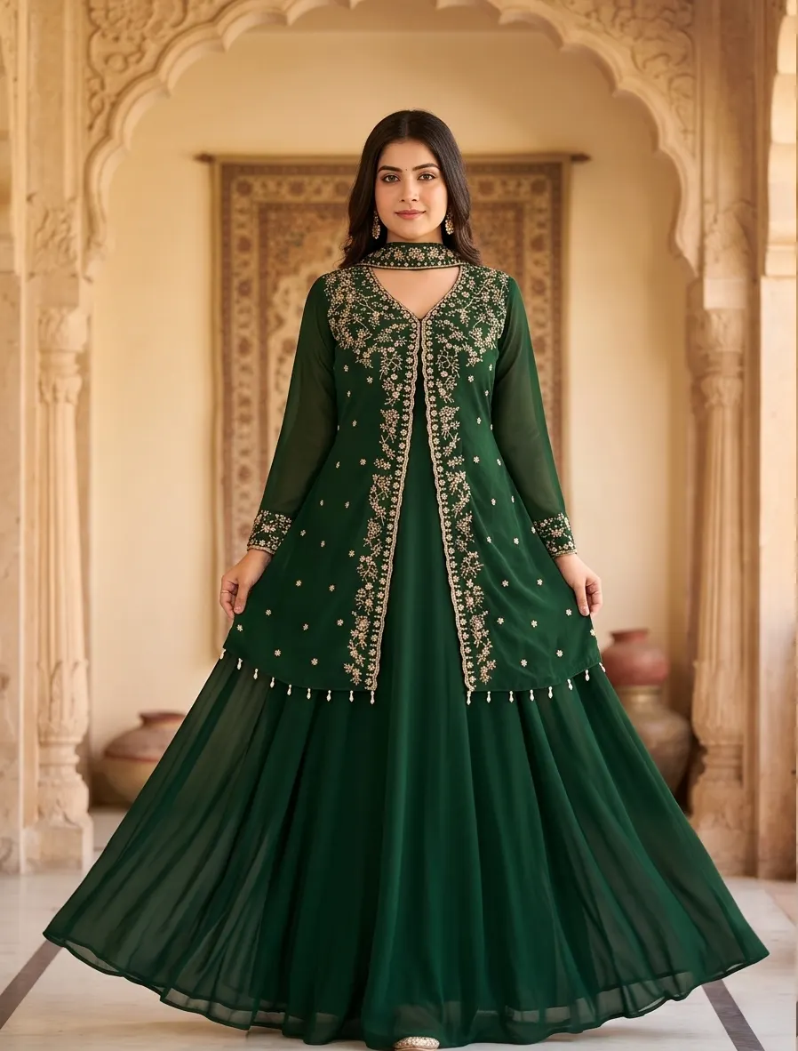 Bottle Green Zari Embroidered Georgette Jacket Style Kurta Set with Dupatta