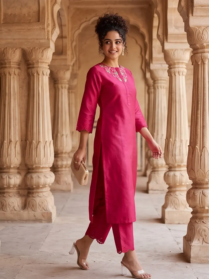 Magenta Pink Floral Neck Embroidered Silk Straight Kurta and Pant Set