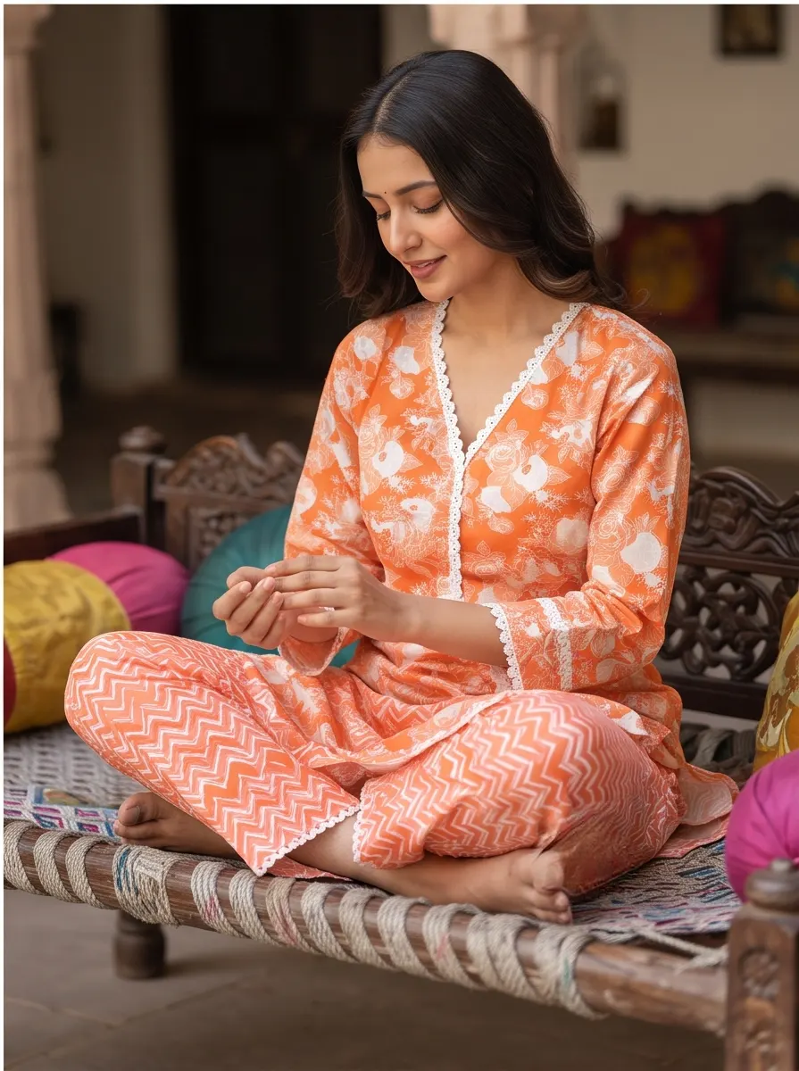 Bright Orange Floral Print Cotton V-Neck Straight Kurta and Chevron Pant Set with Lace Trim