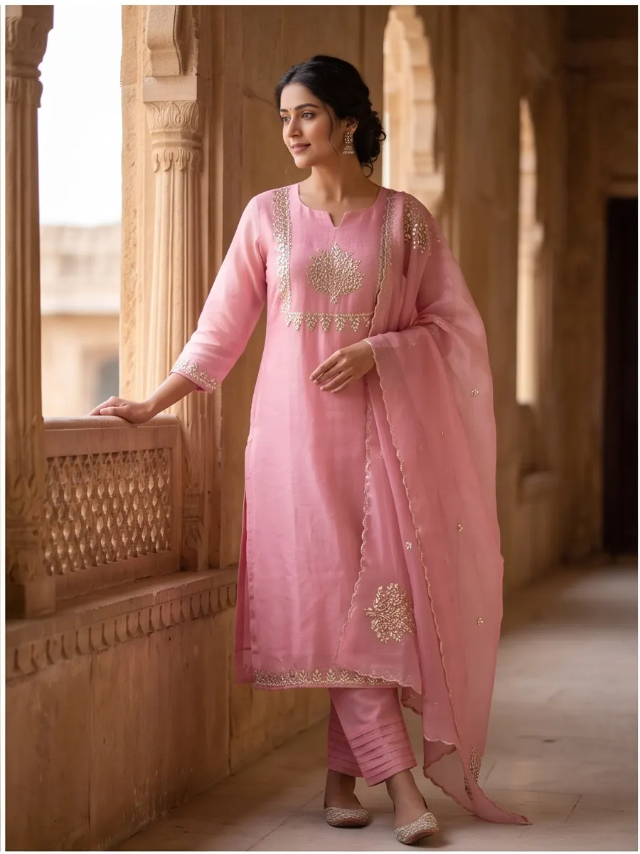 Blush Pink Tree Motif Zari Embroidered Chanderi Silk Straight Kurta Pant Set with Scalloped Organza Dupatta