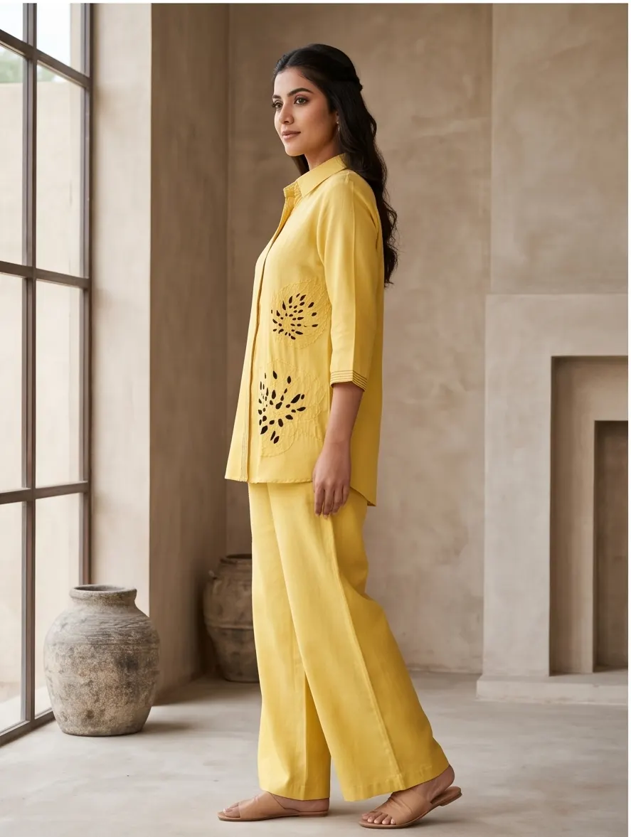 Yellow Cutwork Embroidered Cotton Shirt Collar Tunic and Wide Leg Pant Co-ord Set