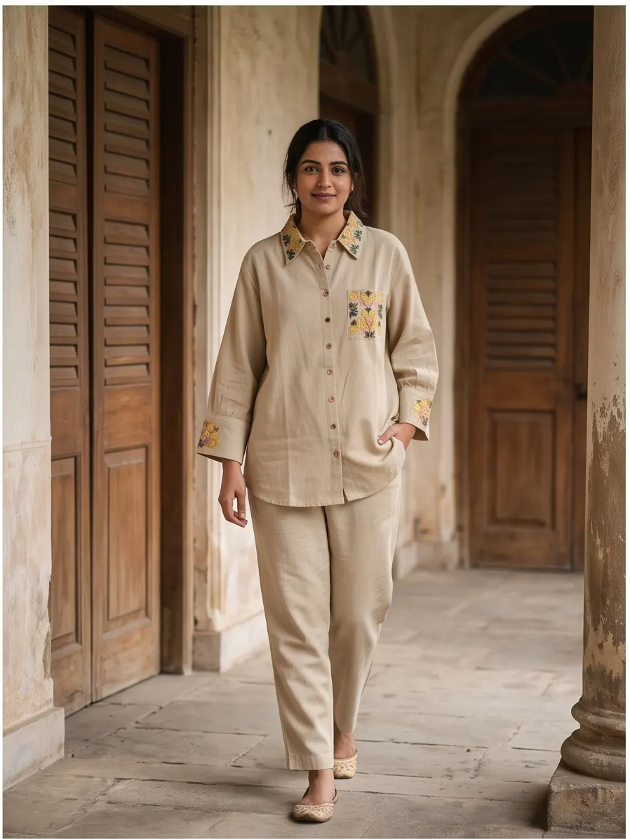 Beige Floral Thread Embroidered Cotton Shirt Collar Tunic and Pant Co-ord Set