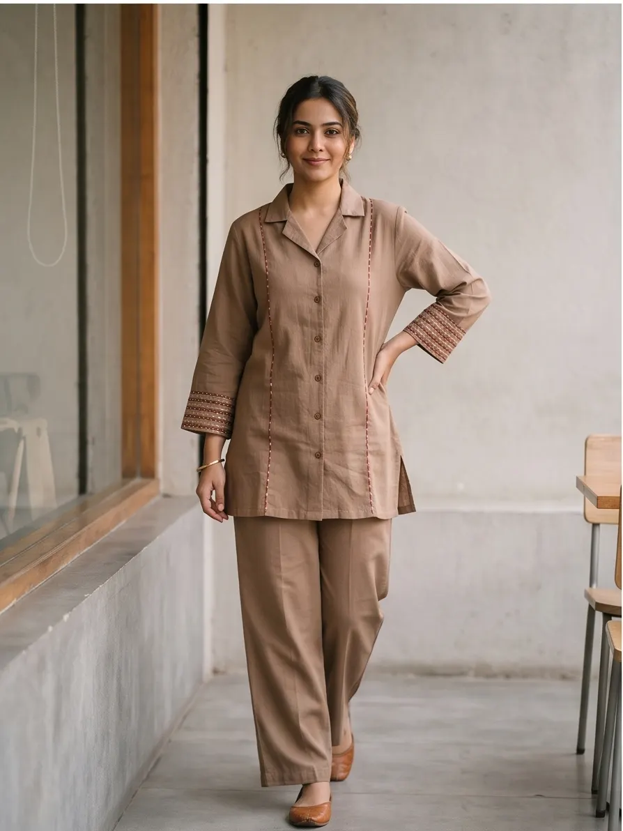 Beige Brown Floral Back Embroidered Cotton Notch Collar Tunic and Pant Co-ord Set