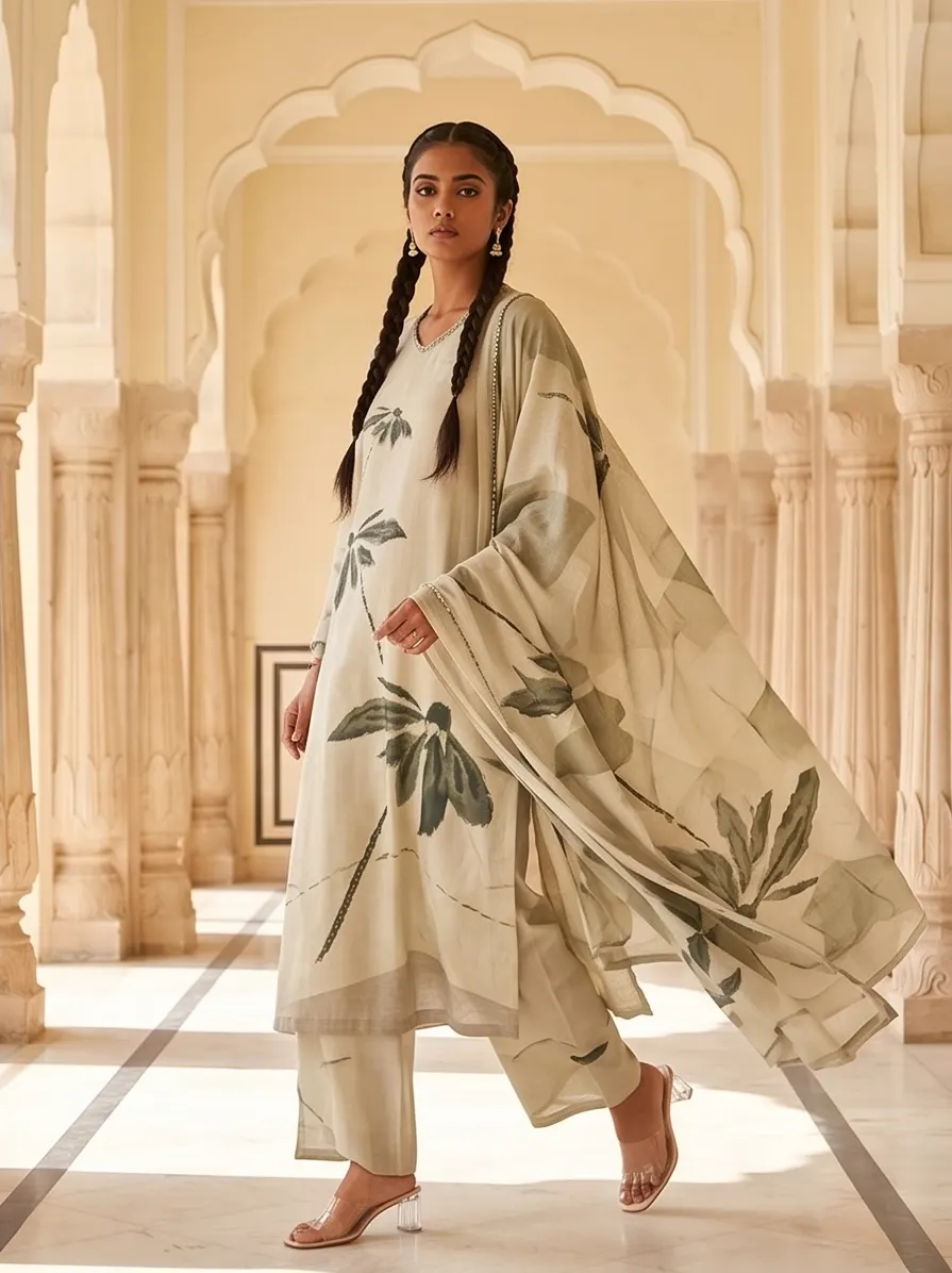 Beige Tropical Palm Tree Print Silk Straight Kurta Pant Set with Dupatta