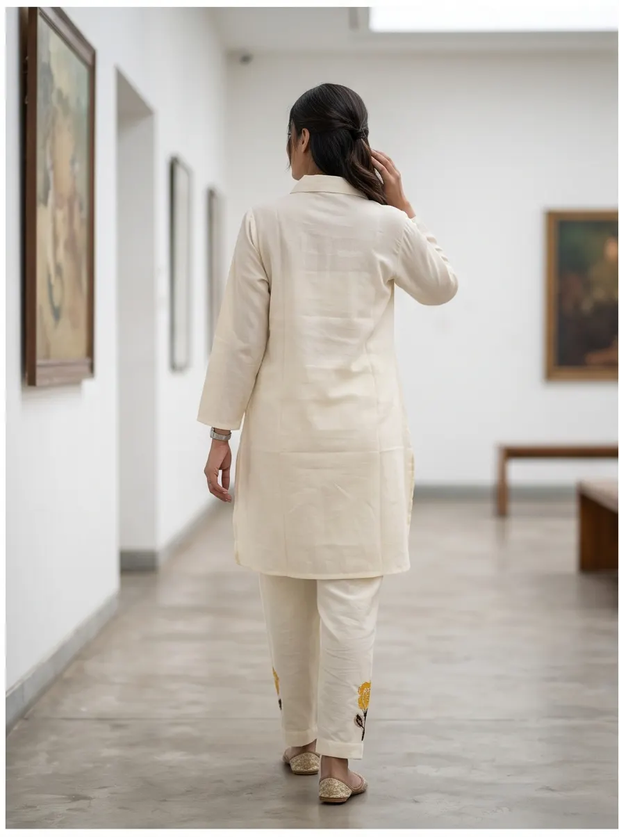 Off-White Yellow Rose Embroidered Cotton Shirt Collar Tunic and Pant Co-ord Set