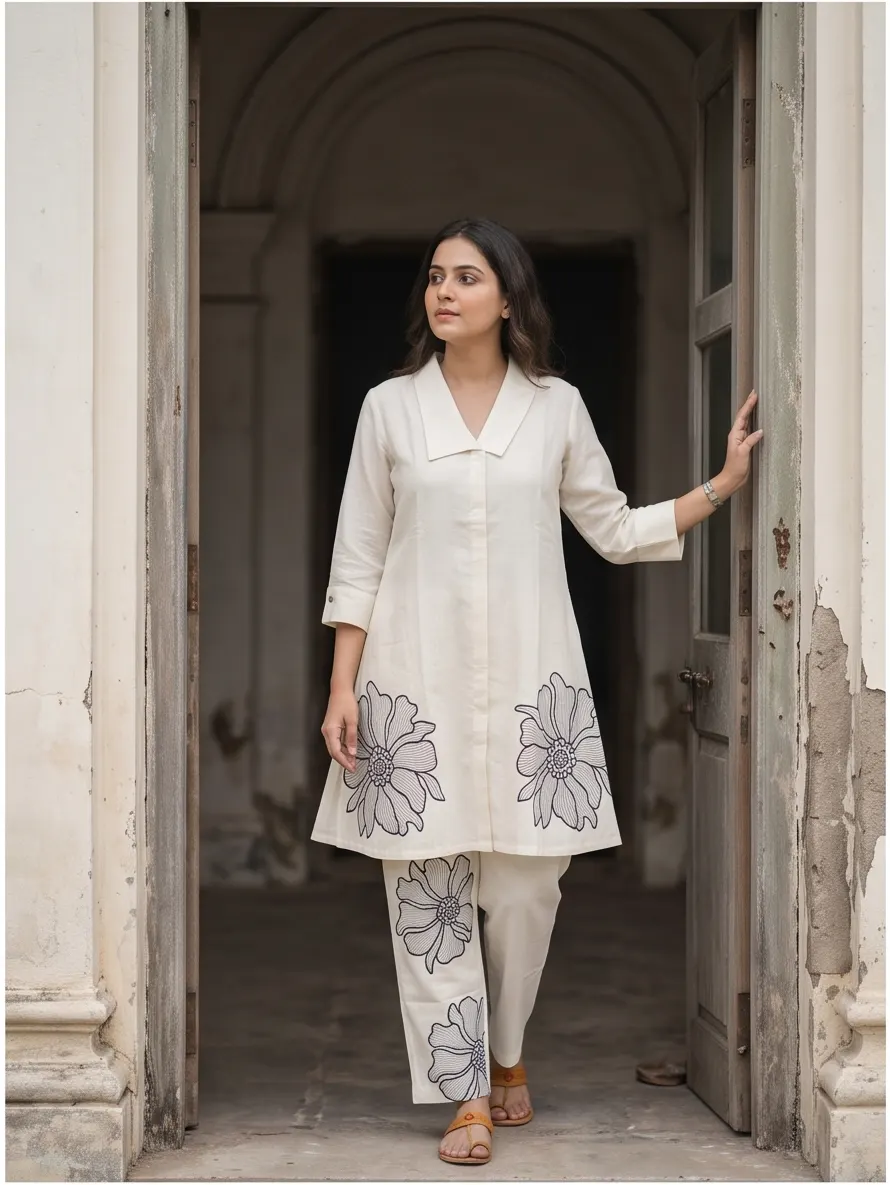 Off-White and Navy Blue Floral Appliqué Cotton Lapel Collar Tunic and Pant Co-ord Set