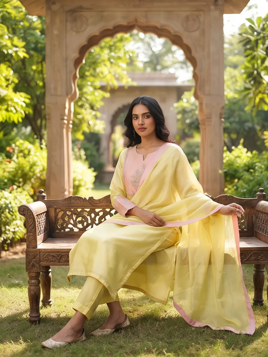 Yellow and Pastel Pink Yoke Zari Embroidered Chanderi Silk Straight Kurta Pant Set with Dupatta