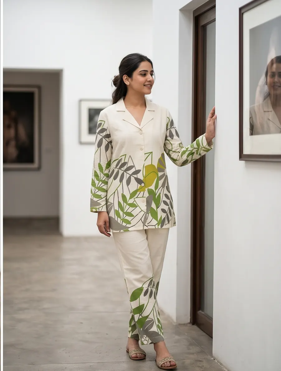 Off-White Olive Green Botanical Leaf Print Cotton Lapel Collar Tunic and Pant Co-ord Set