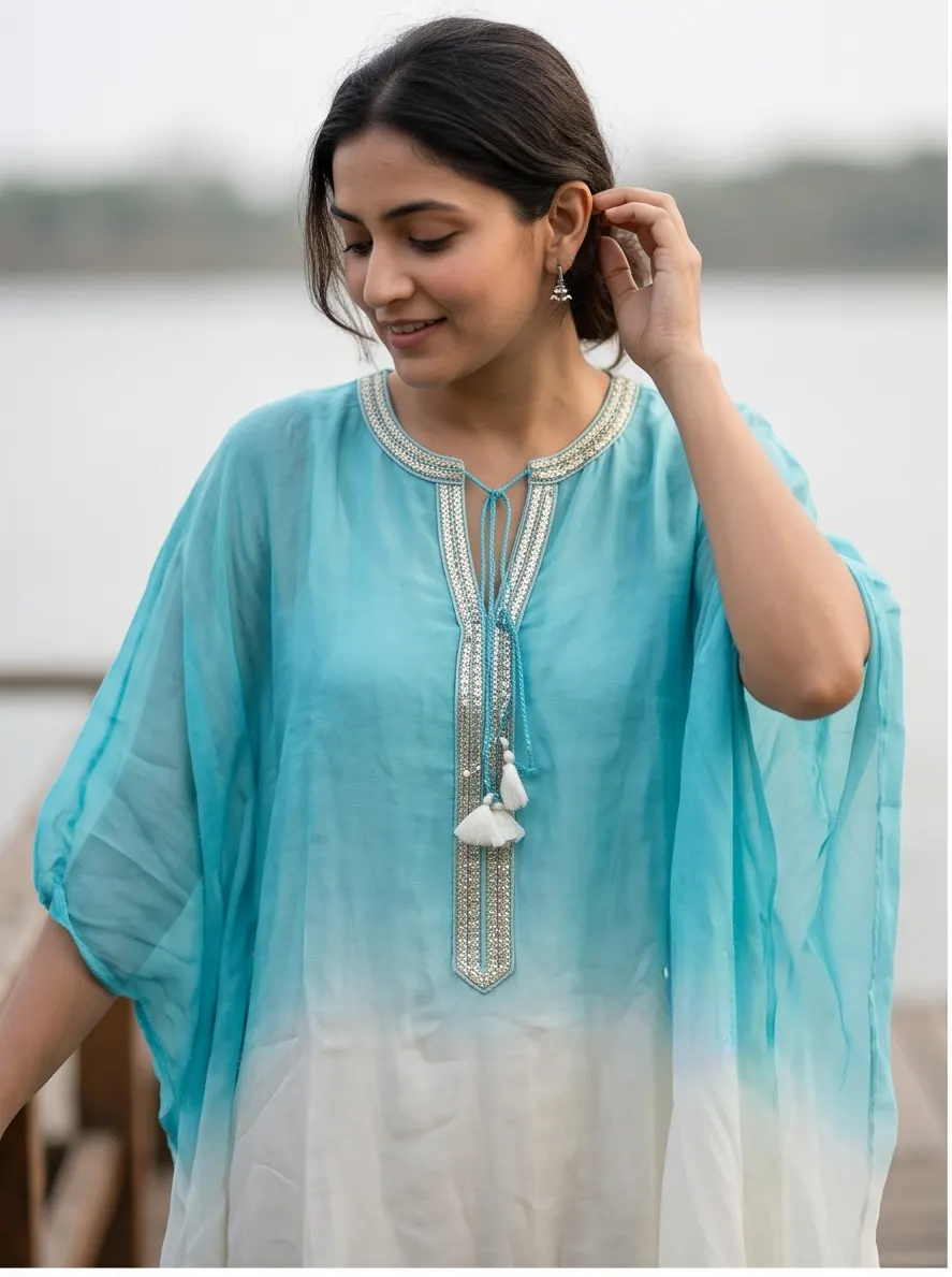 Sky Blue and White Ombre Gota Patti Embroidered Georgette Kaftan Tunic and Pant Co-ord Set