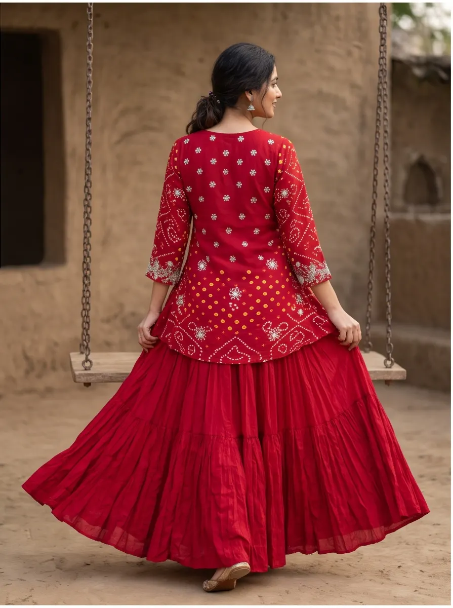 Red Bandhani Print Zari Embroidered Tie-Up Jacket Crop Top and Flared Sharara 3-Piece Set