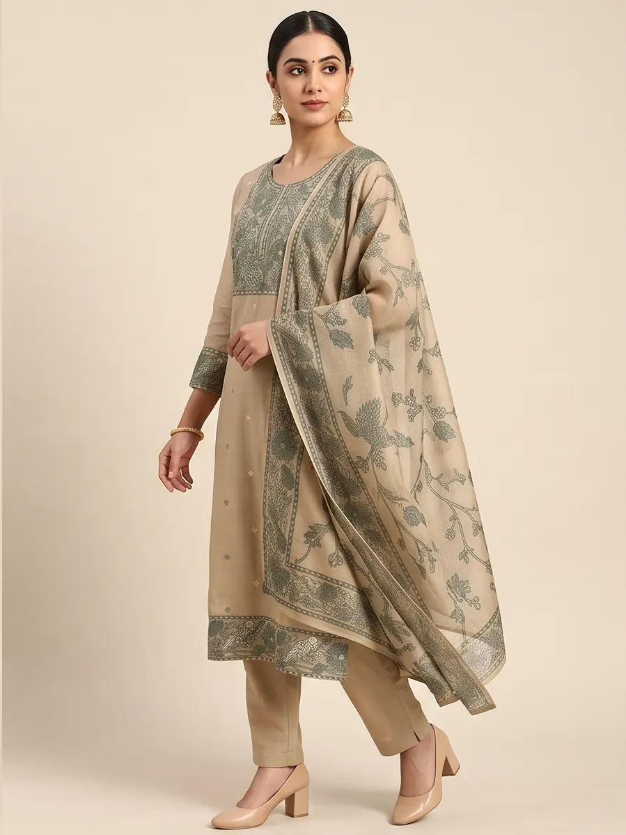 Beige Peacock and Floral Embroidered Chanderi Silk Straight Kurta Pant Set with Dupatta