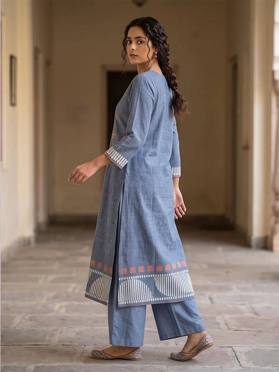 Slate Blue Embroidered Pure Cotton Straight Kurta Pant Set with Printed Dupatta