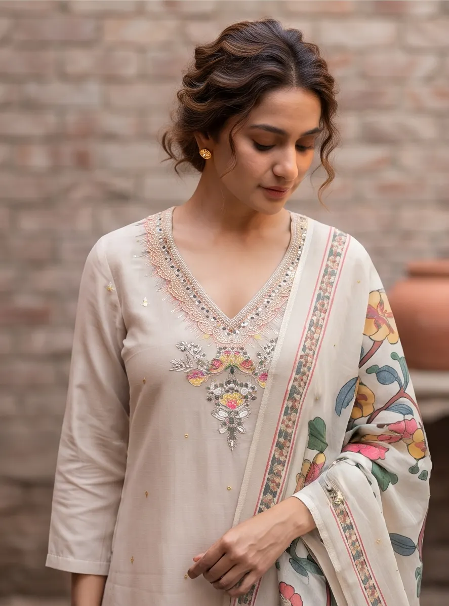 Beige Multicolour Floral Back Appliqué Zari Embroidered Chanderi Silk Straight Kurta Pant Set with Dupatta